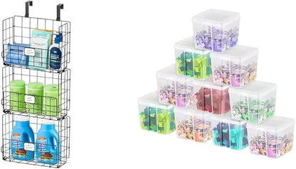 IRIS USA Over The Door Organizer 3-Pack with Metal Wire Baskets + 10-Pack Clear Flip Top Storage Bins, Stackable Containers with Lids for Pantry, Bathroom, Closet, Home & Kitchen