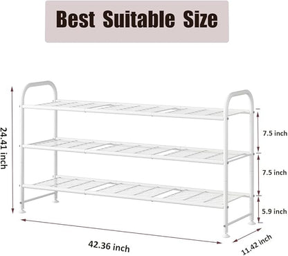 LINZINAR Shoe Rack Long 3 Tier Shoe Storage Organizer Metal Wide Shoe Shelf for Closet Entryway Bedroom 24 Paris Large Capacity, Black (White, 3-Tier)