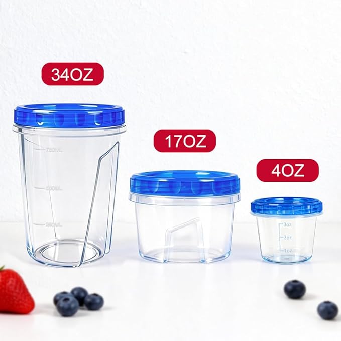18 Pack Reusable Freezer Storage Containers with Twist Top Lids Airtight(34oz/17oz/4oz), Plastic Food Storage Containers with Lids for Meal Prep Soup Snack Fruit, Soup Container Freezer Microwave Safe