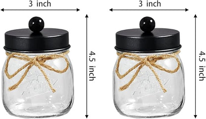 SheeChung 3 Pack Qtip Holder, Cotton Swab Holders, Apothecary Jars with Lids, Bathroom Jars, Black Bathroom Accessories for Cotton Round Pads, Balls, Floss Pick - Black