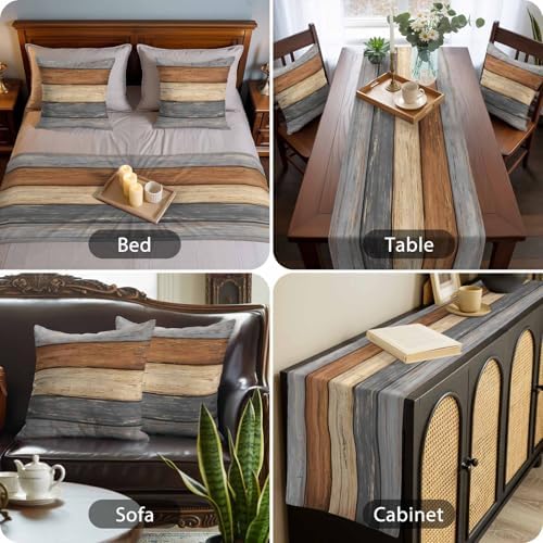 Bed Runner for King Size Bed, Farmhouse Haze Blue Brown Decorative Beds Runners and 2 Matching Pillow Covers Set, Vintage Wooden Striped Beds Scarf Throw for Foot of Bedding Set for Hotel/Bedroom - Image 4