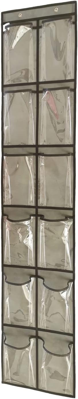 Closet Shoe Organizer Behind Door Hanging Closet Kids Shoe Rack with 12 Clear Large Pockets (12 Pockets-Grey)