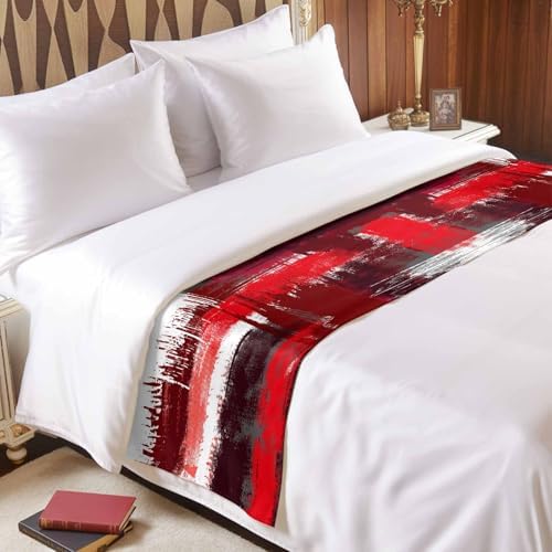 Oil Painting Red Bed Runner for Twin Size Bed, Bedspread Protector Slipcover Bed Scarf for Foot Bed Runners & Scarves for Bedroom Hotel Wedding 71x20 Inches Modern Geometric Black White Abstract Art - Image 3