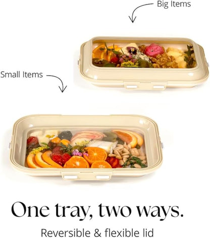 Crudités | Portable Snack Tray | Rectangle 4-Pack | Cream White | Reversible Stretch Lid Food Containers | BPA-Free, Freezer & Dishwasher Safe | Meal-Prep, Charcuterie, Salads, Picnic, Travel