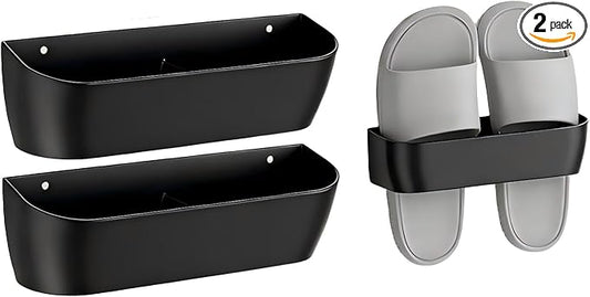 Wall Mounted Shoe Rack 2-Pack with Sticky Strips, Durable Plastic Shoe Holder & Organizer for Door/Wall, Hanging Shoe Hanger for RV, Closet & Home (Black)