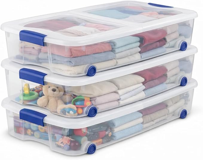 66 Quart Underbed Storage Bin with Wheels & Clear Lid, Under Bed Storage Container for Blankets, 39.5" x 20.25" x 7", Split-Lid Design & Smooth Gliding Wheels
