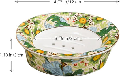 Floral Decorative Self Draining Soap Dish, Double-Layer Round Soap Tray, Vintage Ceramic Soap Dish (Style A)