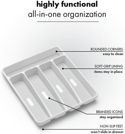 madesmart Classic Small Silverware Tray - White | CLASSIC COLLECTION | 5-Compartments | Icons help sort Flatware, Utensils and Cutlery | Soft-grip Lining and Non-slip Feet | BPA-Free