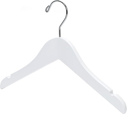 Quality 12 Inch White Kids Wooden Hangers - Children Hangers with Multifunctional Notches & 360 Degree Swivel Chrome Hook - Kid Coat Hangers for Clothes Size 8 and Smaller (White, 20)