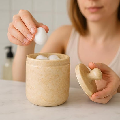 Creative Home Natural Champagne Marble Notch Collection Cotton Ball, Swab Holder Bathroom Storage Jar Container Organizer, 3.5" Diam. x 3.8" H, Beige