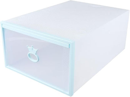 Milisten Thickened Plastic Drawer-style Shoes Organizer Box 33x23x14cm with Blue Frame White Base Stackable Large Shoe Storage Container for Men and Women for Home Organization