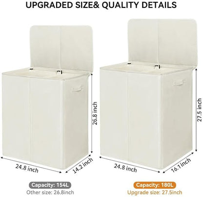 WOWLIVE 180L Double Laundry Hamper with Lid and Removable Laundry Bags, Large Dirty Clothes Hamper 2 section Collapsible Laundry Basket Dorm Room Storage for Bedroom, Bathroom, College,Beige