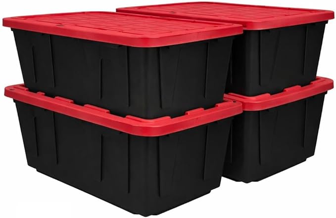 27 Gallon Large Storage Bin with Snap Lid, Heavy Duty Plastic Storage Container, Black and Red, 4 Pack