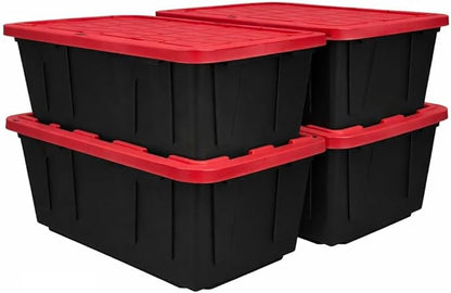 27 Gallon Large Storage Bin with Snap Lid, Heavy Duty Plastic Storage Container, Black and Red, 4 Pack