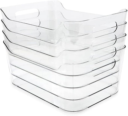Isaac Jacobs 4-Pack Small Clear Storage Bins (9.4” x 6.7” x 4.1”) w/Handles, Plastic Box Set, Home, Office, Fridge, Freezer, Kitchen, Pantry Organization Container, BPA-Free/Food Safe (Small, 4-Pack)