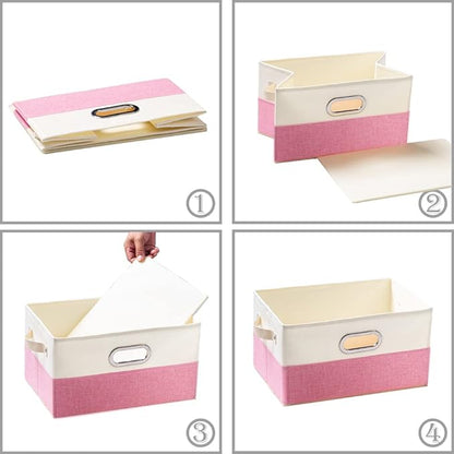 PRANDOM Fodable Storage Bins for Closet [3-pack] Decorative Fabric Storage Baskets Cubes with Leather/Metal Handles for Shelves Bedroom Living Room Pink&Cream (11.5x8.5x6.7 Inch)