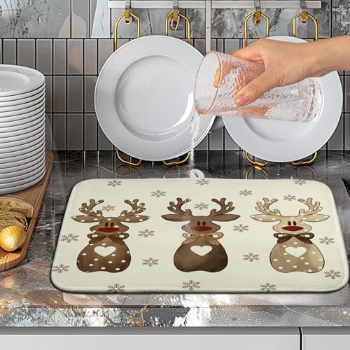 Christmas Reindeer Snowflakes Dish Drying Mat for Kitchen Counter 16x18 Inch Winter Xmas Holiday Drying Pads Microfiber Absorbent Dish Draining Mat Large Dish Drainer Rack Mat - Image 5