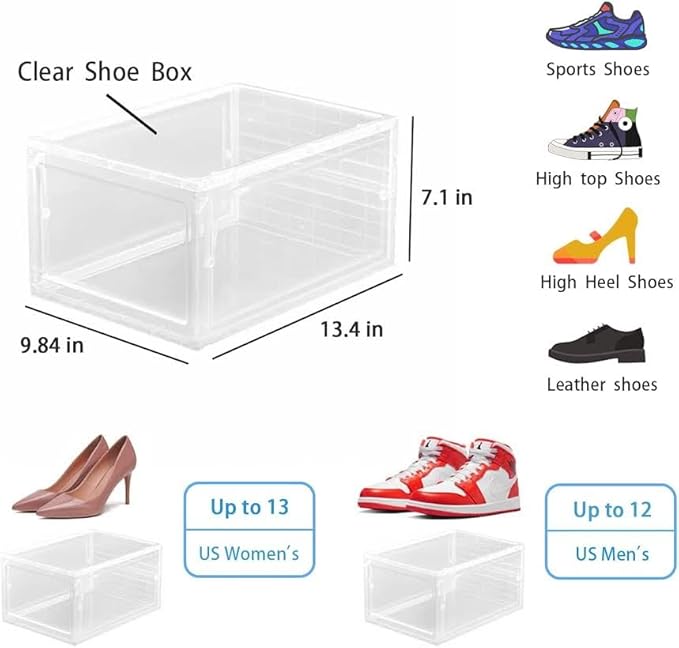 6-Pack Clear Shoe Box Containers with Air Ventilation & Magnetic Door | Stackable, Durable, Transparent Storage for Sneakers, Heels, Boots, Bags & Fits up to Maximum Size of US12 (White)