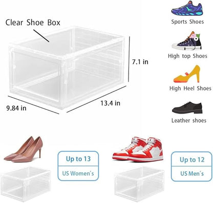 6-Pack Clear Shoe Box Containers with Air Ventilation & Magnetic Door | Stackable, Durable, Transparent Storage for Sneakers, Heels, Boots, Bags & Fits up to Maximum Size of US12 (White)