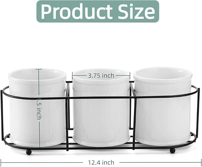 Bekith 3-Piece Ceramic Silverware Caddy with Metal Rack, Utensil Holder Flatware Caddy Cutlery Storage Organizer for Kitchen Table, Cabinet or Pantry