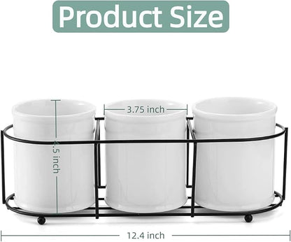 Bekith 3-Piece Ceramic Silverware Caddy with Metal Rack, Utensil Holder Flatware Caddy Cutlery Storage Organizer for Kitchen Table, Cabinet or Pantry