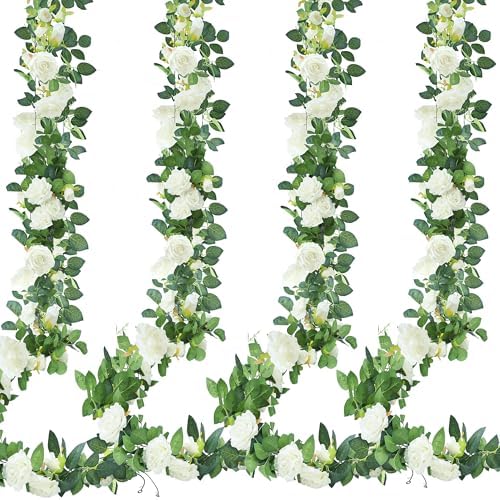Sggvecsy 4Pcs 31Ft Artificial Rose Vine Fake Flower Garland Floral Garland Faux Silk Hanging Vine Rose Ivy Vines for Wedding Arch Party Wall Garden Ceremony Background Outdoor Decor (White) by Sggvecsy