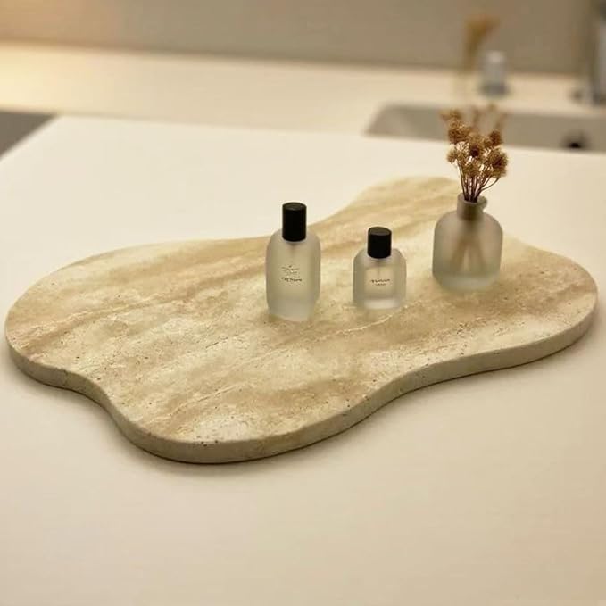Cloud Shaped Travertine Vanity Tray, 13.3 x 8.3 Inch Natural Stone Decorative Catchall Tray for Bathroom Countertop, Beige Marble Jewelry Dish Perfume Tray for Coffee Table Dresser Nightstand