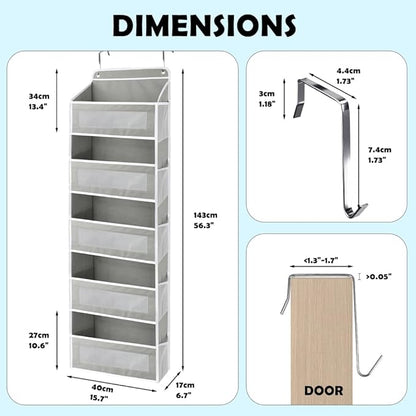 Over The Door Storage Organizer with 5 Extra Large Pockets & Side Mesh Pouches, Hanging Closet Door Organizer for Bedroom, Baby Nursery Storage, Anti-Tilt Design, Fits 1.6" Doors-Gray
