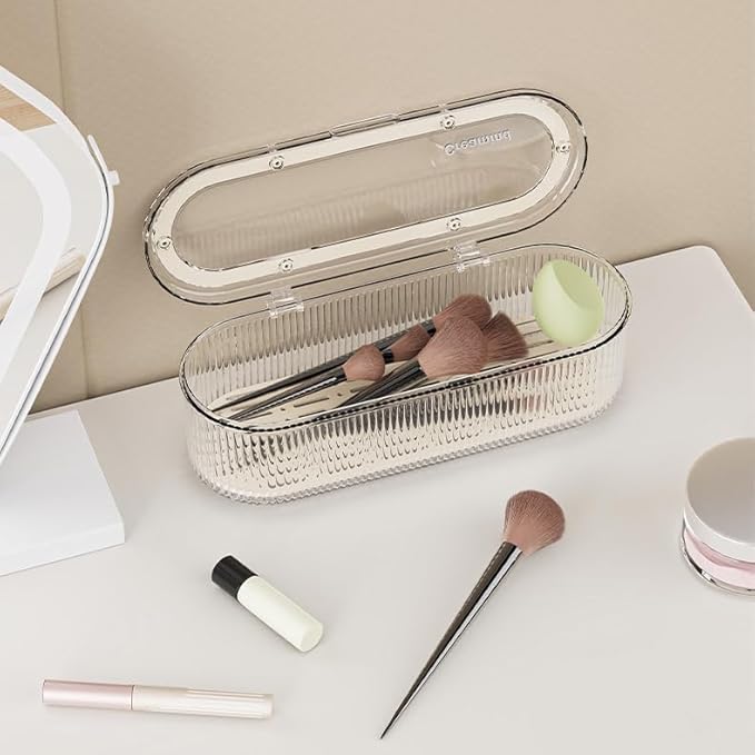 Makeup Brush Holder Organizer, Clear Acrylic Makeup Sponges Organizer, Cosmetic Storage Case with Lid, Display Case for Vanity