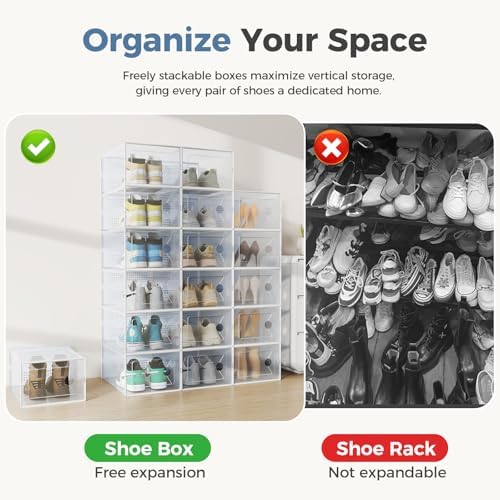 DUMOS Shoe Storage Boxes, 12-Pack Stackable Clear Shoe Containers with Lids, Display Sneaker Case Organizer for Closet, Under Bed, Entryway,White, Fit Size 11 - Image 6