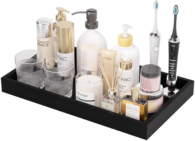 ZHWS Black Bathroom Vanity Tray for Countertop Perfume Makeup Jewelry Candle Decor, Kitchen Tray for Soap Dispenser Spice Salt, Large Black Tray for Toilet Tank Paper, Serving Nightstand 13”x6.5”