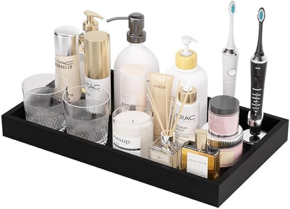 ZHWS Black Bathroom Vanity Tray for Countertop Perfume Makeup Jewelry Candle Decor, Kitchen Tray for Soap Dispenser Spice Salt, Large Black Tray for Toilet Tank Paper, Serving Nightstand 13”x6.5”