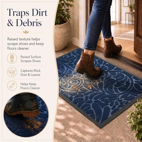 Yimobra Large Door Mat Outside Entrance, Floral Outdoor Mat, 36x24, Blue - Image 3