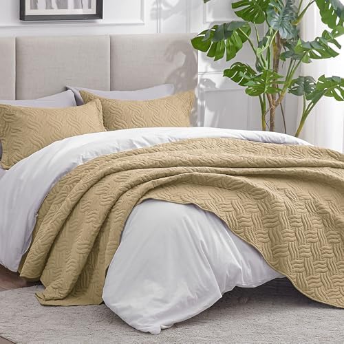Love's cabin Quilts for Full Bed Camel Bedspreads Bedding Set - Lightweight Bedspread Comforter - Wave Pattern Bedding Coverlet for All Season - 3 Pieces (1 Quilt, 2 Pillow Shams) - Image 2