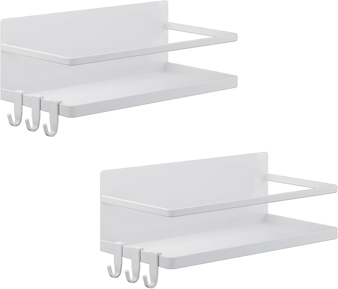 Magnetic Spice Rack for Refrigerator, 2 Pack Magnetic Shelf, Fridge Magnet Organizer with Moveable 6 Hooks, Magnetic Fridge Shelf for Kitchen Organization and Storage(White, 2 Pack)