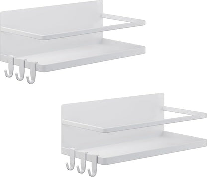 Magnetic Spice Rack for Refrigerator, 2 Pack Magnetic Shelf, Fridge Magnet Organizer with Moveable 6 Hooks, Magnetic Fridge Shelf for Kitchen Organization and Storage(White, 2 Pack)