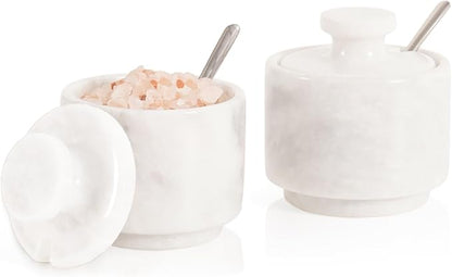 Marble Salt Cellar 3" Inch White Celtic Salt, Seasoning Containers for Kitchen Decor, Set of 2 Spice Jars, Countertop Storage, Sugar Bowl with Lid and Spoon, Ideal Mother’s Day Gift for Mom