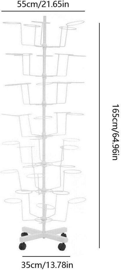 7-Tier Rotating Hat Display Stand, 35 Hooks Metal Freestanding Retail Display Stand Commercial Large Headwear Wig Rack Metal Floor Rack for Hats and Wigs (White)