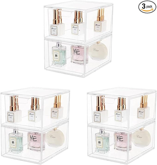 Yieach 6 Pack Stackable Makeup Organizer Storage Drawers 4.5'' Tall Acrylic Cosmetic Display Case Clear Bathroom Plastic Storage Bins For Vanity,Under Cabinets,Pantry Organization and Storage