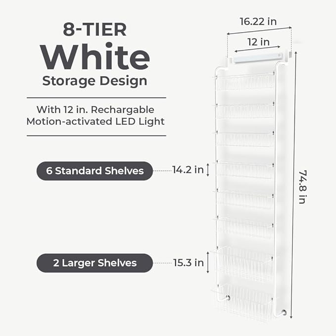 Over Door Organizer Storage - 8 Tier White Metal Over the Door Pantry Organizer Heavy Duty Hanging Storage Rack, Behind Cabinet Shelves for Home, Kitchen, Bathroom, Closet, Pantry