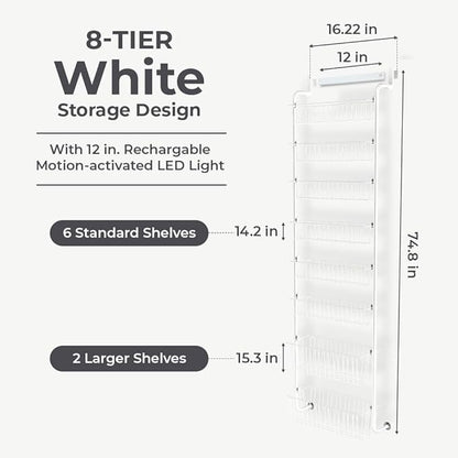Over Door Organizer Storage - 8 Tier White Metal Over the Door Pantry Organizer Heavy Duty Hanging Storage Rack, Behind Cabinet Shelves for Home, Kitchen, Bathroom, Closet, Pantry