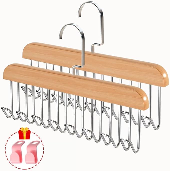 2 Pack Belt Hanger with 16 Hooks, Non-Slip Wooden Skid-Proof Belt Holder, Space-Saving Rotating Display Rack for Belts, Tops, Hats