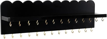 Wall Mount Jewelry Organizer with 26 Hooks and Cosmetics Shelf, Modern Wood Hanging Jewelry Holder for Necklaces, Bracelets, Earrings and Rings, Black