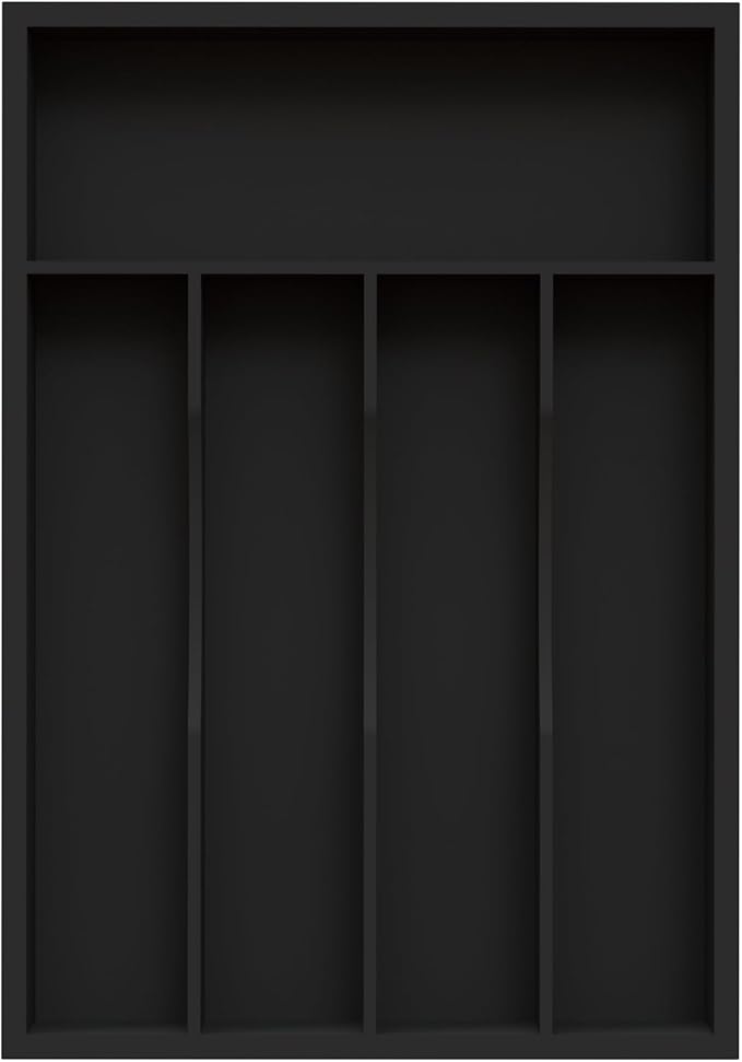 Bamboo Silverware Organizer, Kitchen Drawer Organizer, Utensil Holder, Cutlery Tray & Spoon Flatware Storage with Grooved Drawer Dividers (Black, 9.5''W x 13.5''D)