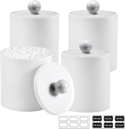 SheeChung 4 Pack Qtip Holder,White Acrylic Apothecary Jars,Shatterproof Qtip Holder Dispenser Set,Opaque Bathroom Vanity Organizer for Cotton Swabs,Balls,Pads, Modern Minimalist Decor (4 Pack,12&10oz)