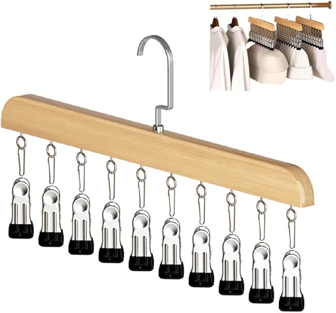 Hanging Closet Organizer, Wooden Legging Hanger with 10 Clips,Space Saving Hats Organizer for Closet,360° Rotating Wooden Multi-Hanger for Pants, Skirts and Socks Storage (Natural Finish)