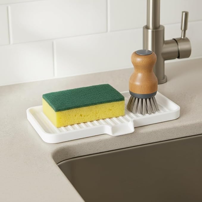 Silicone Soap Dish Tray and Sponge Holder with Drain Chute, Rectangular, Kitchen and Bathroom Sink Organizer (Sand Dollar, 9"x3.5")
