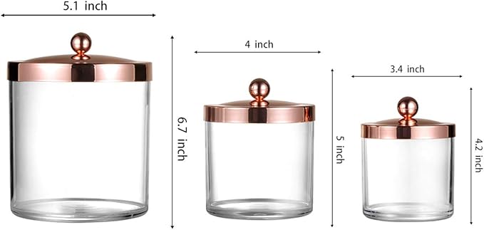 SheeChung 3-Pack Plastic Apothecary Jars with Rose Gold Metal Lids - Large 50oz, 25oz & 15oz Acrylic Storage Set - Shatterproof Laundry Room & Bathroom Organizer - Modern Minimalist Chic Decor