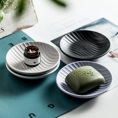 Chic Round Soap Dish, Modern Minimalist Striped Design Ceramic Tray(Purple)
