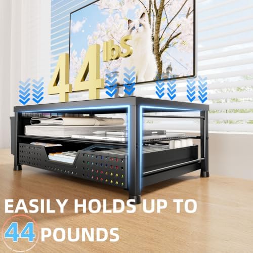 2-Tier Monitor Stand with Drawer, Metal Desk Riser, Black - Image 6